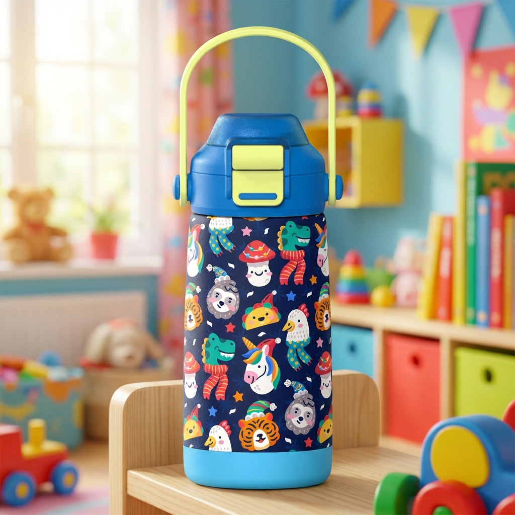 LAMOSE Goose 14 oz kids water bottle featuring blue body with yellow handle and cartoon pattern of tigers, dinosaurs, and unicorns wearing winter scarves.