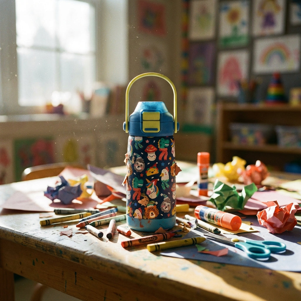 In-Use shot - LAMOSE Goose 14 oz kids water bottle featuring blue body with yellow handle and cartoon pattern of tigers, dinosaurs, and unicorns wearing winter scarves.