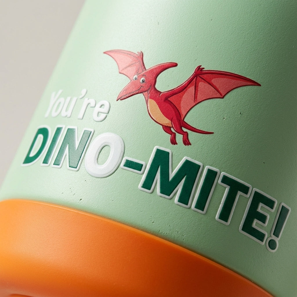 Detail shot - LAMOSE Goose 14oz kids water bottle in light green with orange lid, featuring cartoon dinosaurs including T-Rex and Triceratops with You're DINO-MITE text