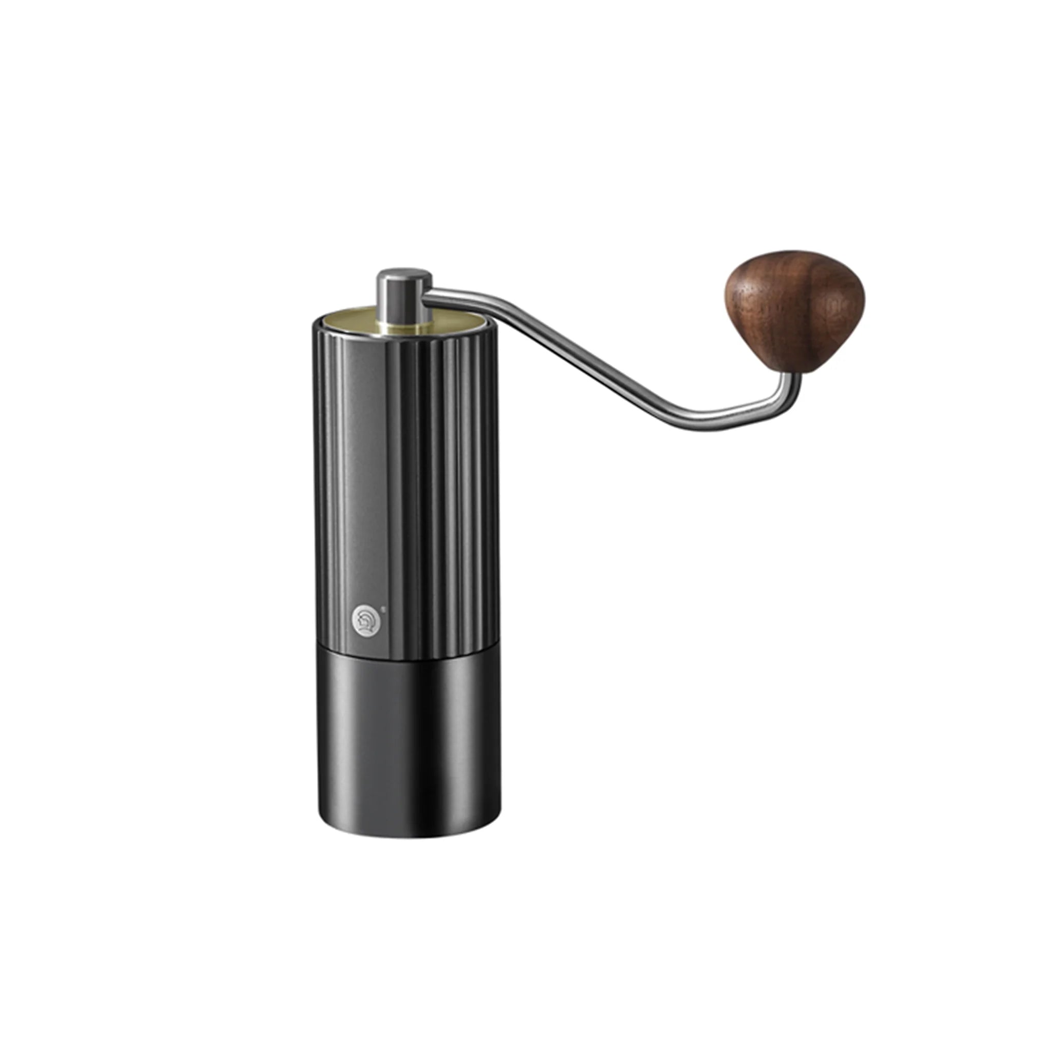 Sleek manual coffee grinder with a black ribbed body, stainless steel crank, and wooden handle
