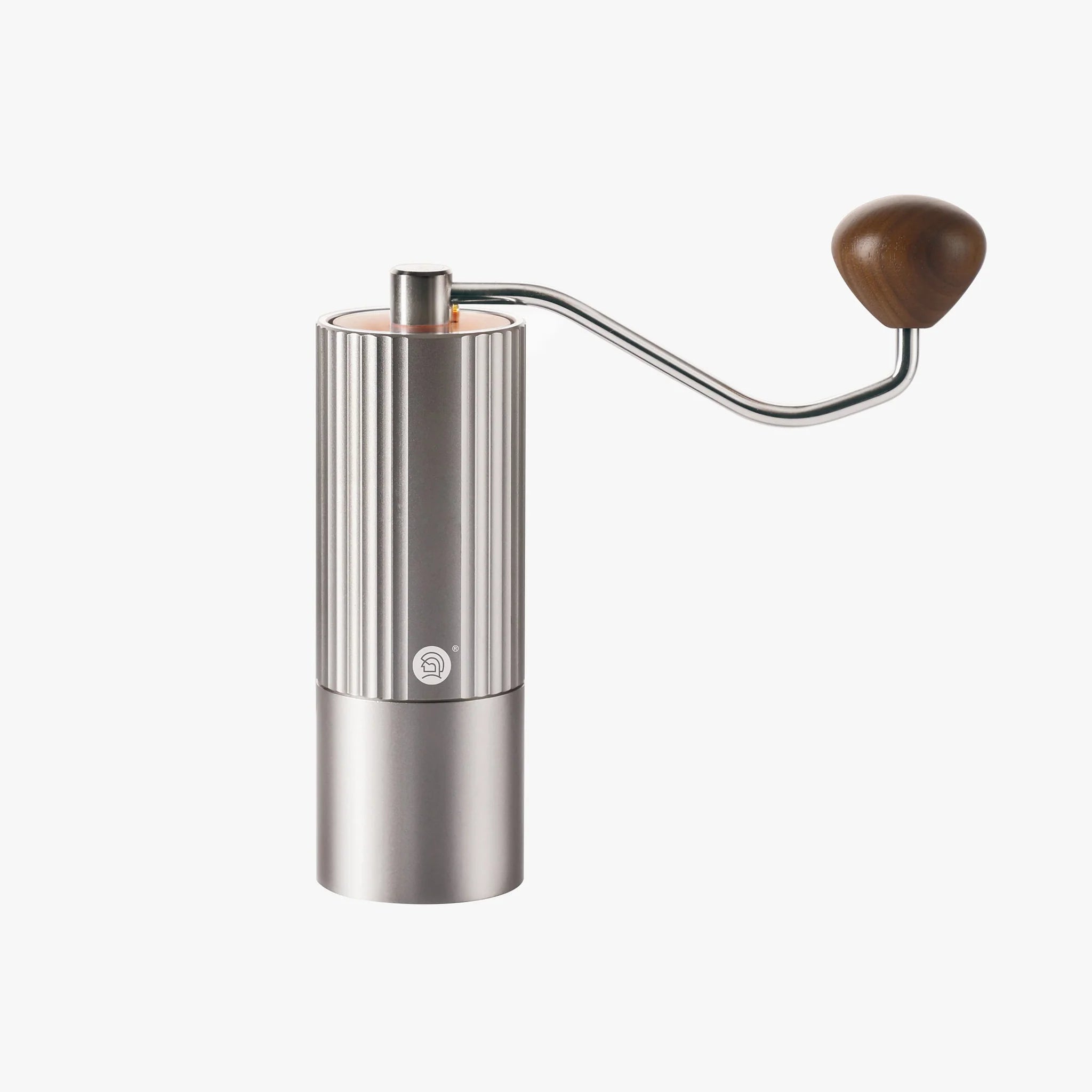 Stainless steel manual coffee grinder with a wooden handle, designed for precision coffee grinding