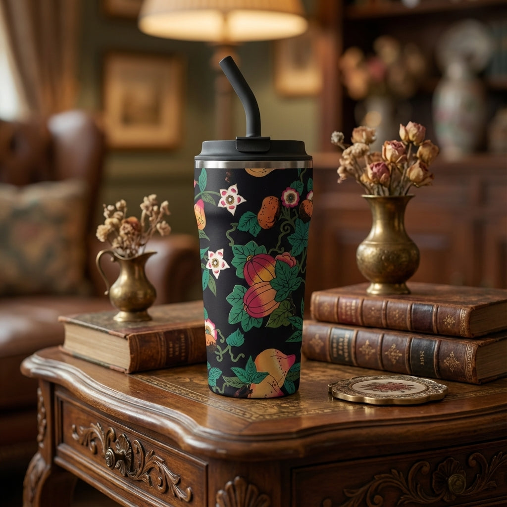 LAMOSE Bow 16 oz insulated tumbler featuring a dark botanical pattern with peaches, persimmons, and white flowers on a black soft-touch background.