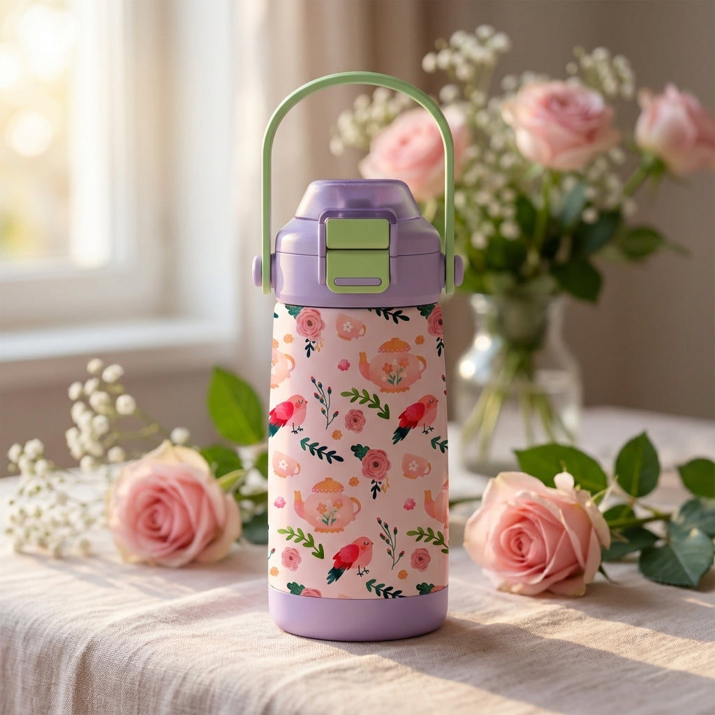 LAMOSE Goose 14 oz kids water bottle with light pink body, peach teapots, roses, red birds pattern, lavender lid and green handle