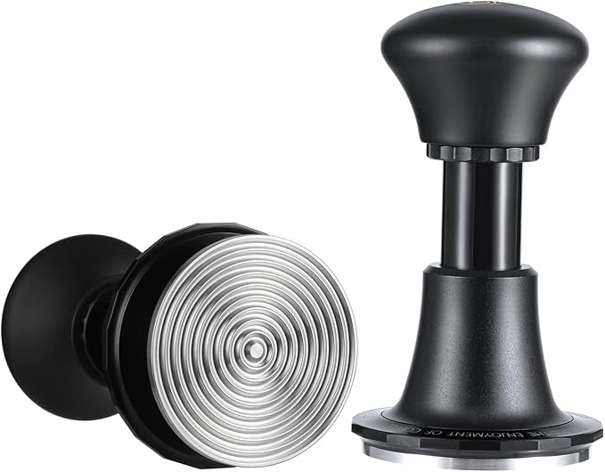 Adjustable espresso tamper with spiral-textured stainless steel base, ergonomic black handle, and precision leveling design for even coffee puck compression.