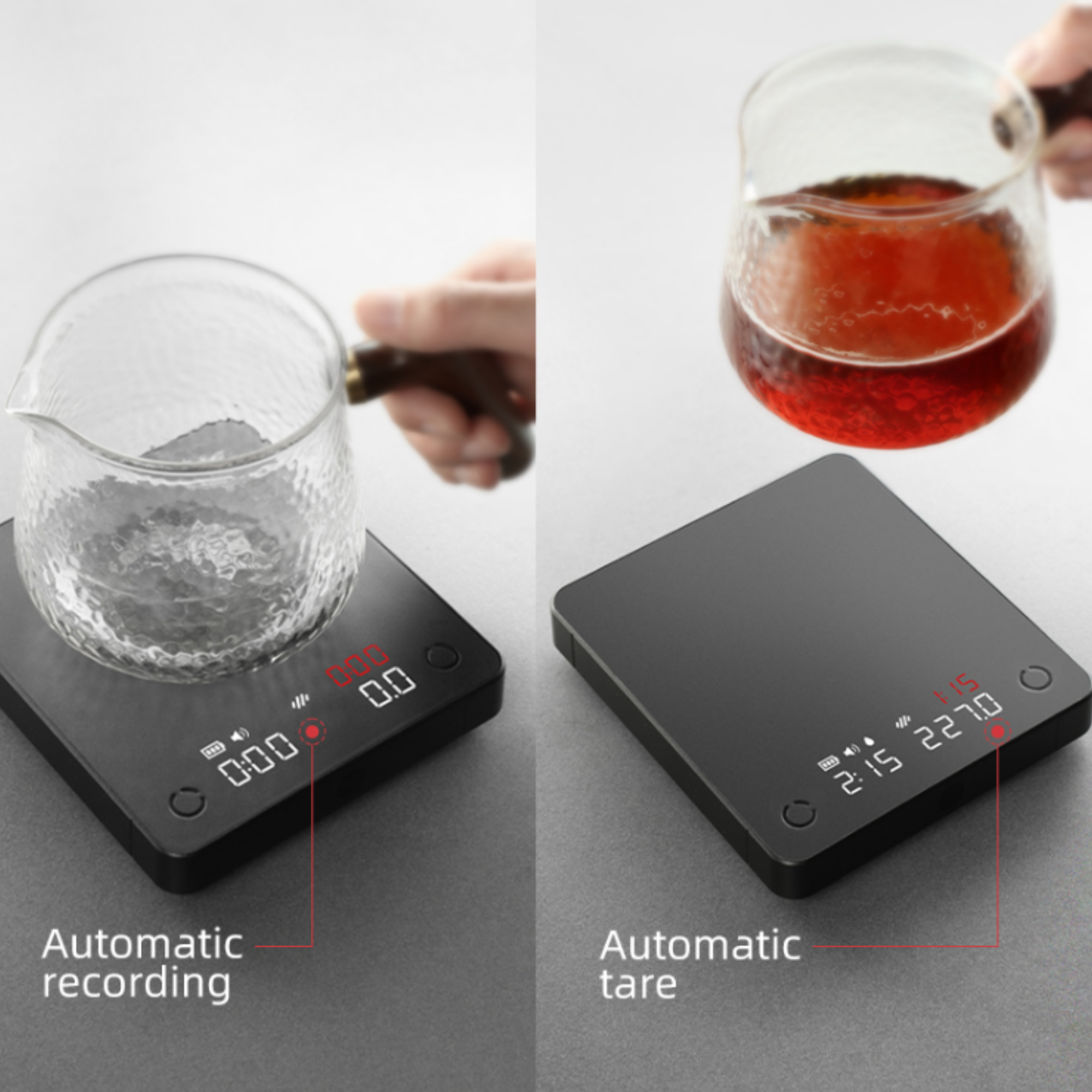 Black digital coffee scale with automatic recording and automatic tare features, displaying precision weight measurement for pour-over and espresso brewing. #color_black