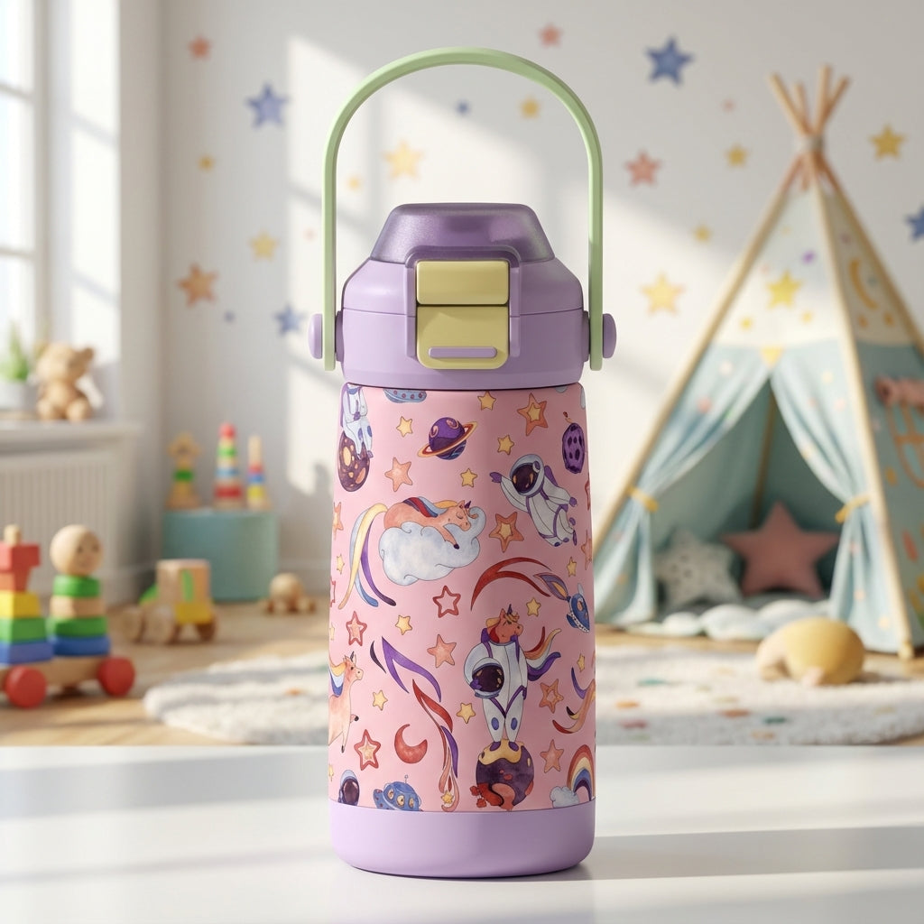 Pink LAMOSE Goose 14oz kids water bottle featuring unicorns in astronaut suits, planets, and rainbows, with a lavender base and light green handle.