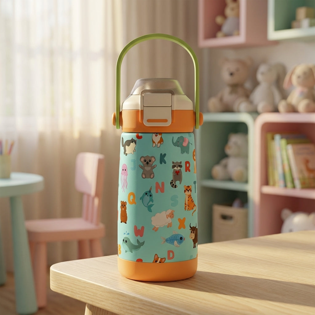 LAMOSE Goose 14oz kids water bottle featuring a light teal background with alphabet letters and cartoon animals like cats, dogs, and elephants.