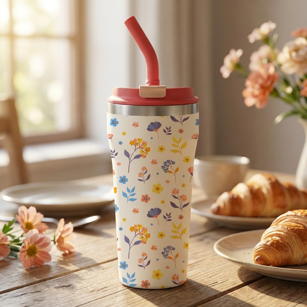 Off-white 16 oz stainless steel tumbler with colorful small floral pattern and coral pink lid and straw sitting on a wooden breakfast table.