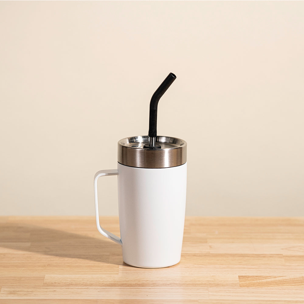 LAMOSE Louise 18 oz insulated snow white mug with handle, brushed stainless steel lid, and black bent silicone straw, front view.