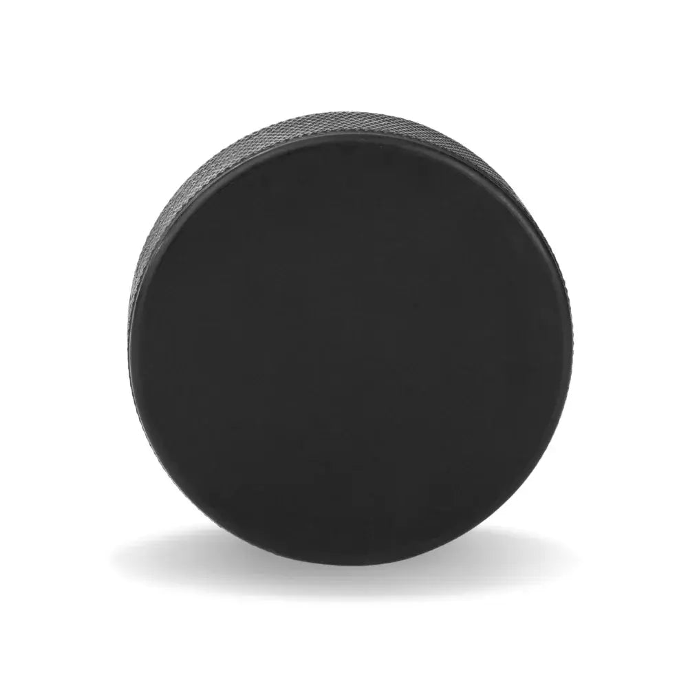 Black hockey puck standing upright on a white background. Official-size durable puck, ideal for gameplay, training, and custom engraving.