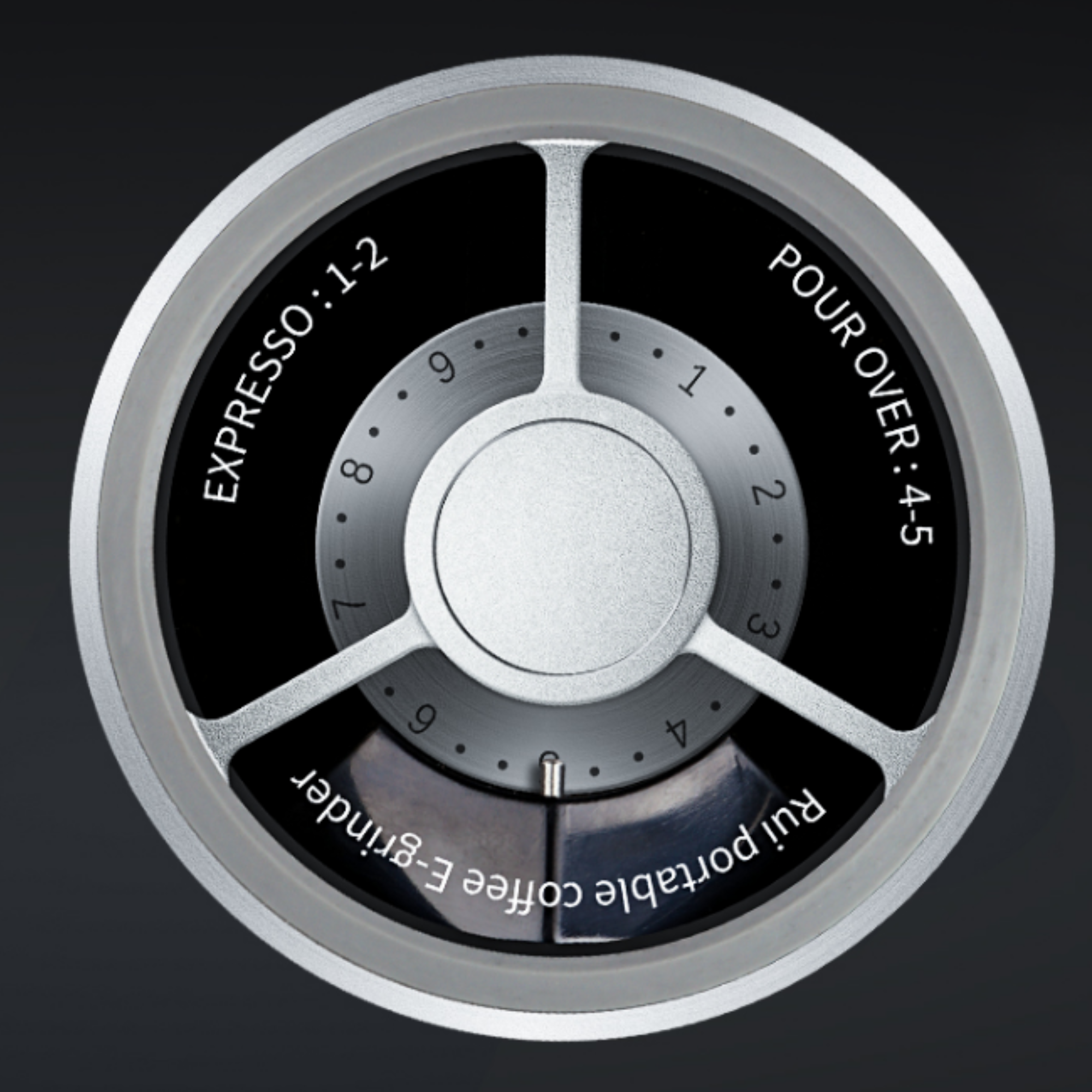 Precision coffee grinder adjustment dial displaying grind size settings for espresso (1:2) and pour-over (4:5), designed for consistent and customizable coffee brewing.