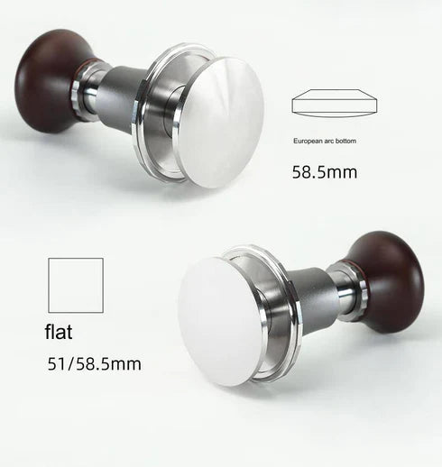 Premium espresso tamper with ergonomic wooden handle, stainless steel base, and European arc bottom design for even coffee distribution. Available in 51mm and 58.5mm flat or arc bottom options.