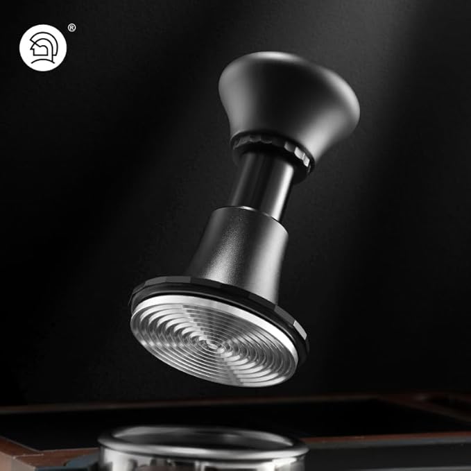 Professional adjustable espresso tamper with spiral-textured stainless steel base, ergonomic black handle, and precision leveling system for optimal coffee puck compression.