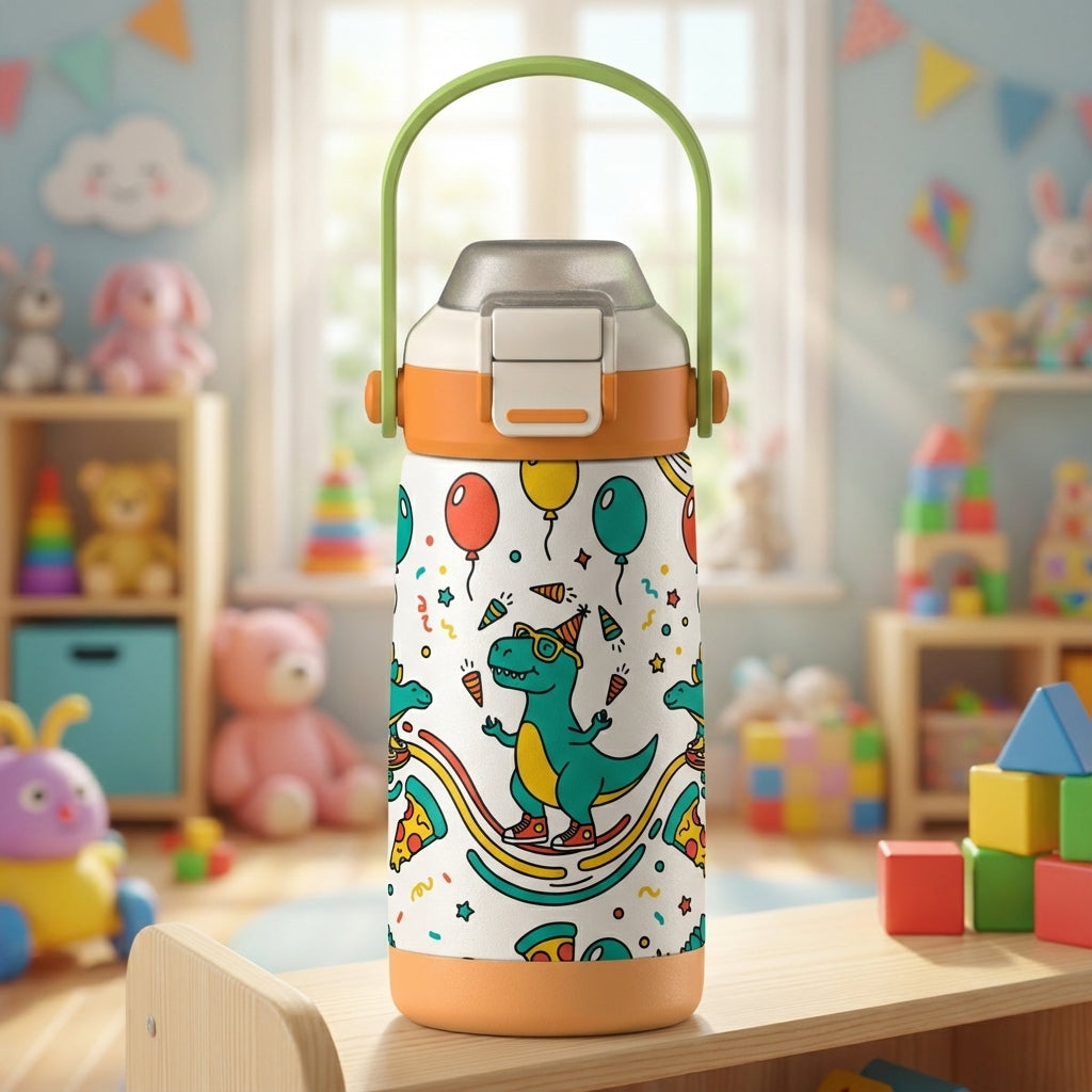 LAMOSE Goose 14oz kids water bottle with orange base and green handle, featuring a pattern of dinosaurs in party hats, pizza, and balloons.