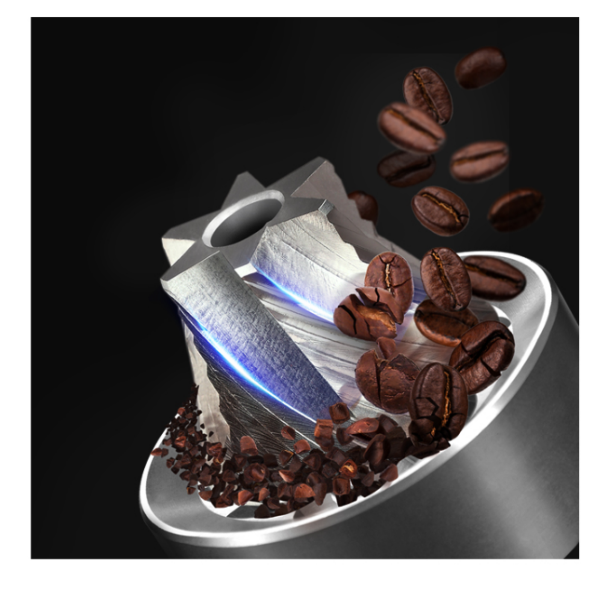High-precision stainless steel burr grinding mechanism crushing coffee beans for consistent and uniform grind size, designed for optimal espresso and pour-over brewing.