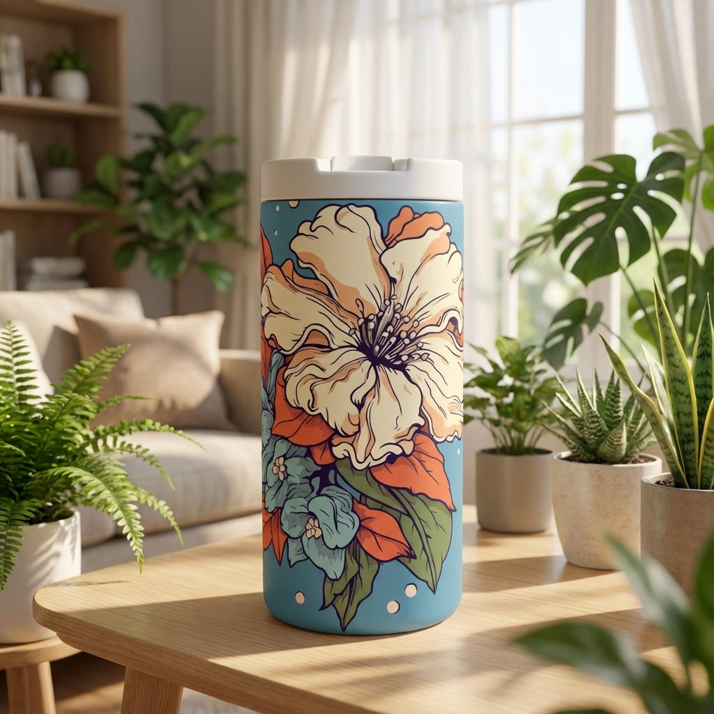 LAMOSE Grouse 12oz tumbler in light blue featuring a cream and orange floral pattern with white polka dots, sitting on a wooden table in sunlight.