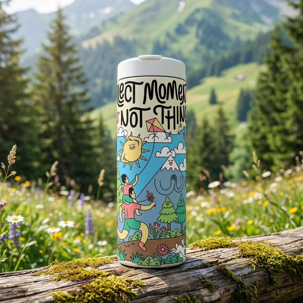 LAMOSE Grouse 16oz insulated tumbler featuring a beige background with colorful cartoon illustrations of mountains, trees, kite flying, and the quote Collect Moments Not Things.
