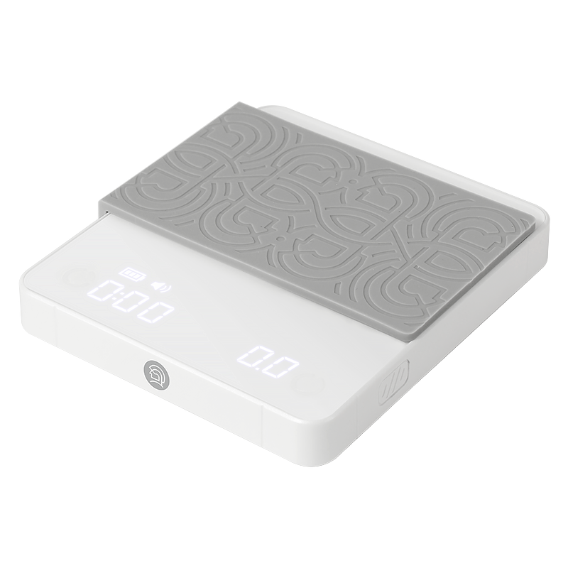 White Zero Hero Smart Mini Scale with LED display, precision weight measurement, and gray heat-resistant silicone pad, perfect for espresso, pour-over coffee, and kitchen use. #color_white
