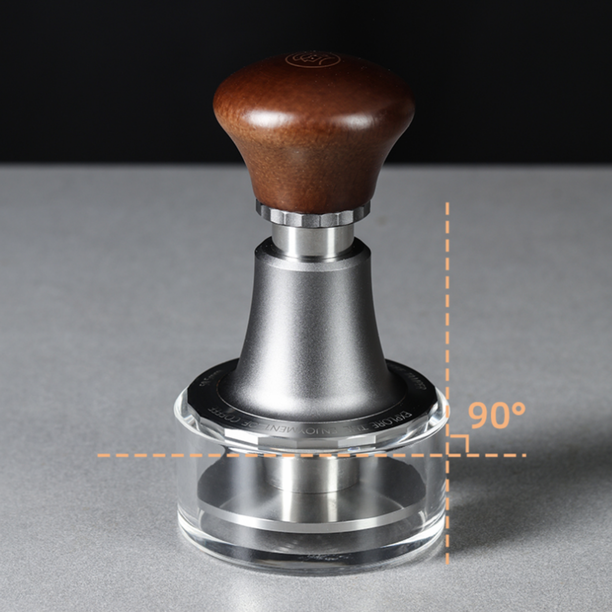 zeroHero 58mm espresso tamper with walnut handle, designed for precise 90-degree vertical tamping to ensure even coffee extraction and consistent pressure. #color_mahogany