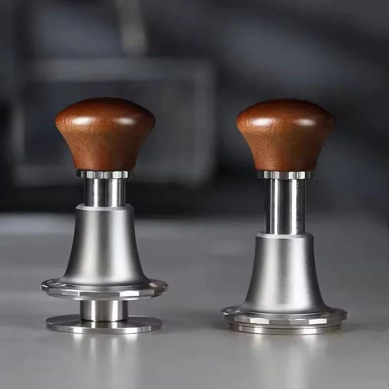 zeroHero 58mm espresso tampers with walnut handles, showcasing two precision designs for even coffee compression and consistent espresso extraction. #color_mahogany