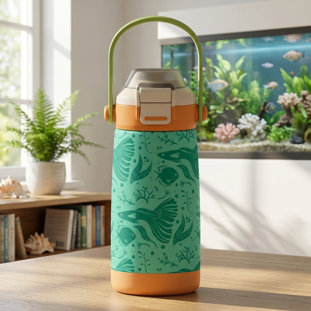Goose 14 oz kids water bottle featuring a green underwater fish and coral pattern with orange accents and a handle
