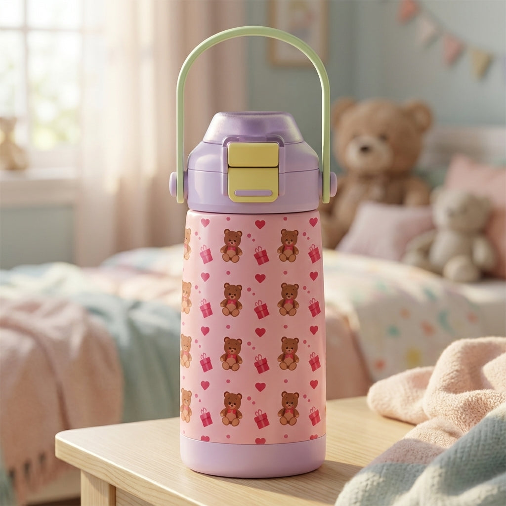 Light pink 14oz kids water bottle featuring a pattern of teddy bears, red gifts, and hearts, with a purple lid and green handle.
