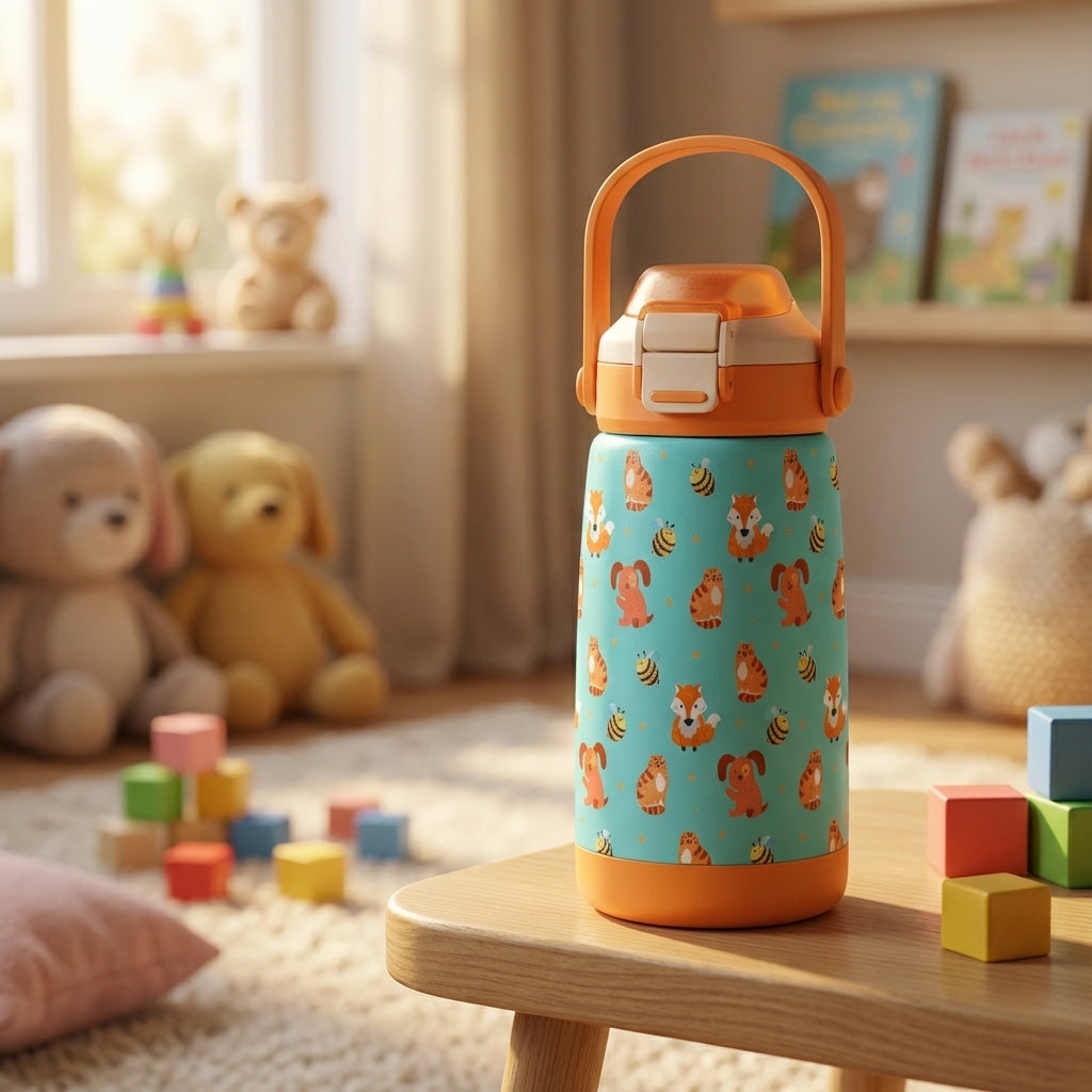 LAMOSE Goose 14oz kids water bottle in light blue with orange cartoon dogs foxes and tigers pattern and orange handle