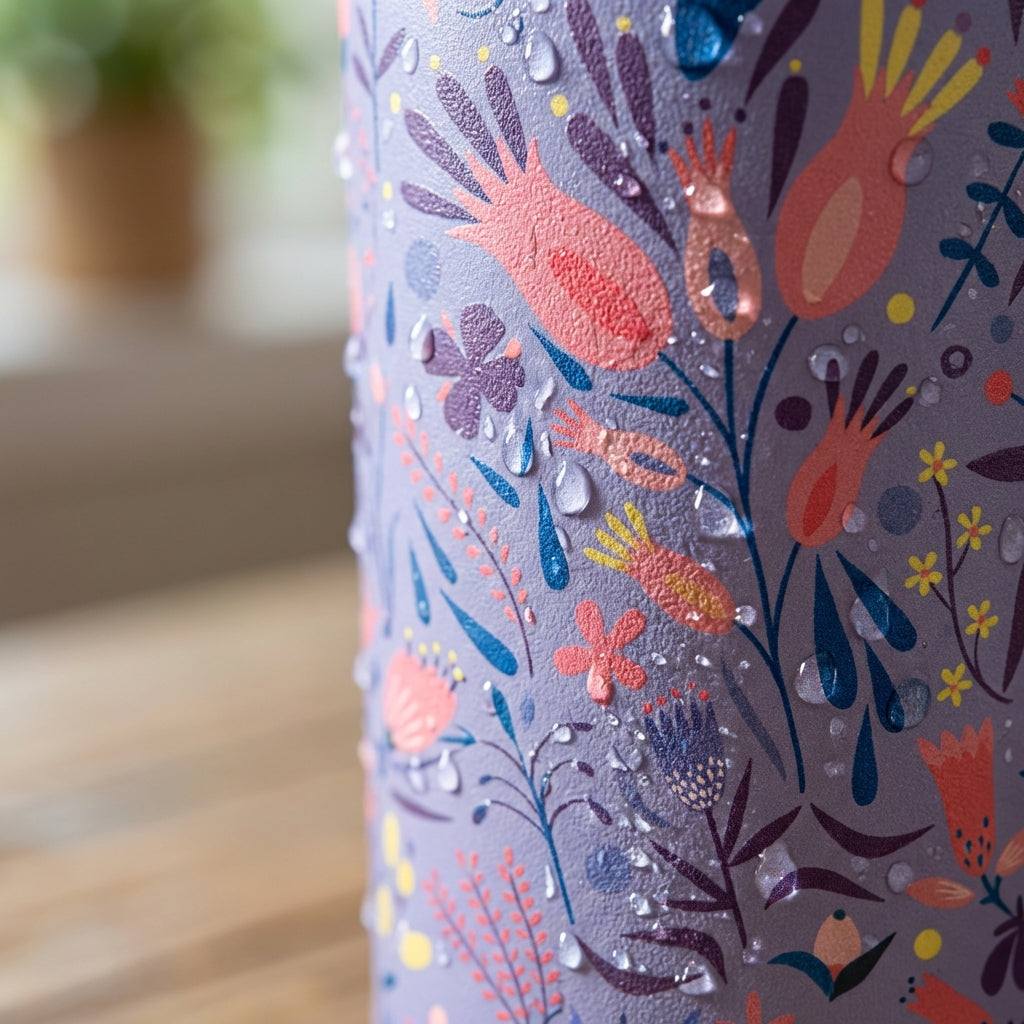 Detail shot - 12 oz insulated tumbler in light purple with colorful floral and botanical branch pattern and dark brown lid