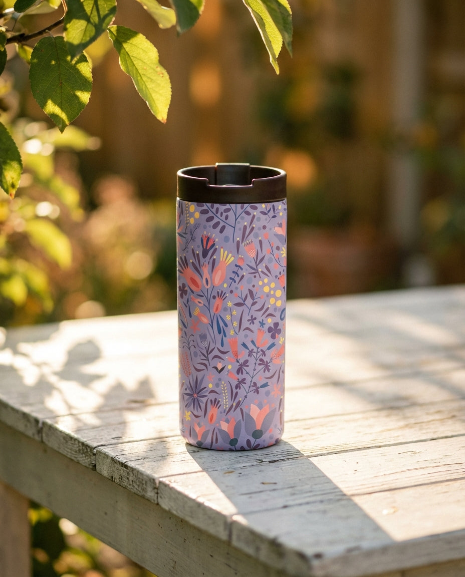 Lifestyle shot - 12 oz insulated tumbler in light purple with colorful floral and botanical branch pattern and dark brown lid