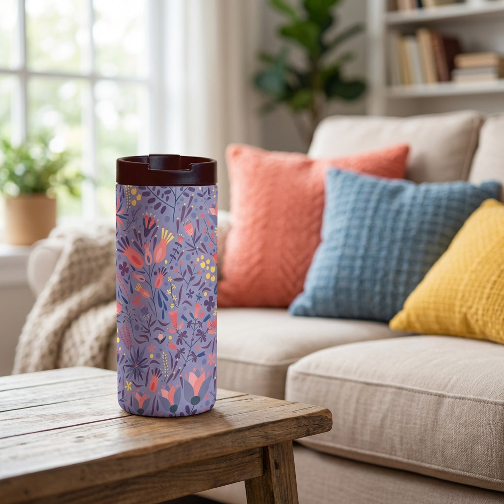 12 oz insulated tumbler in light purple with colorful floral and botanical branch pattern and dark brown lid