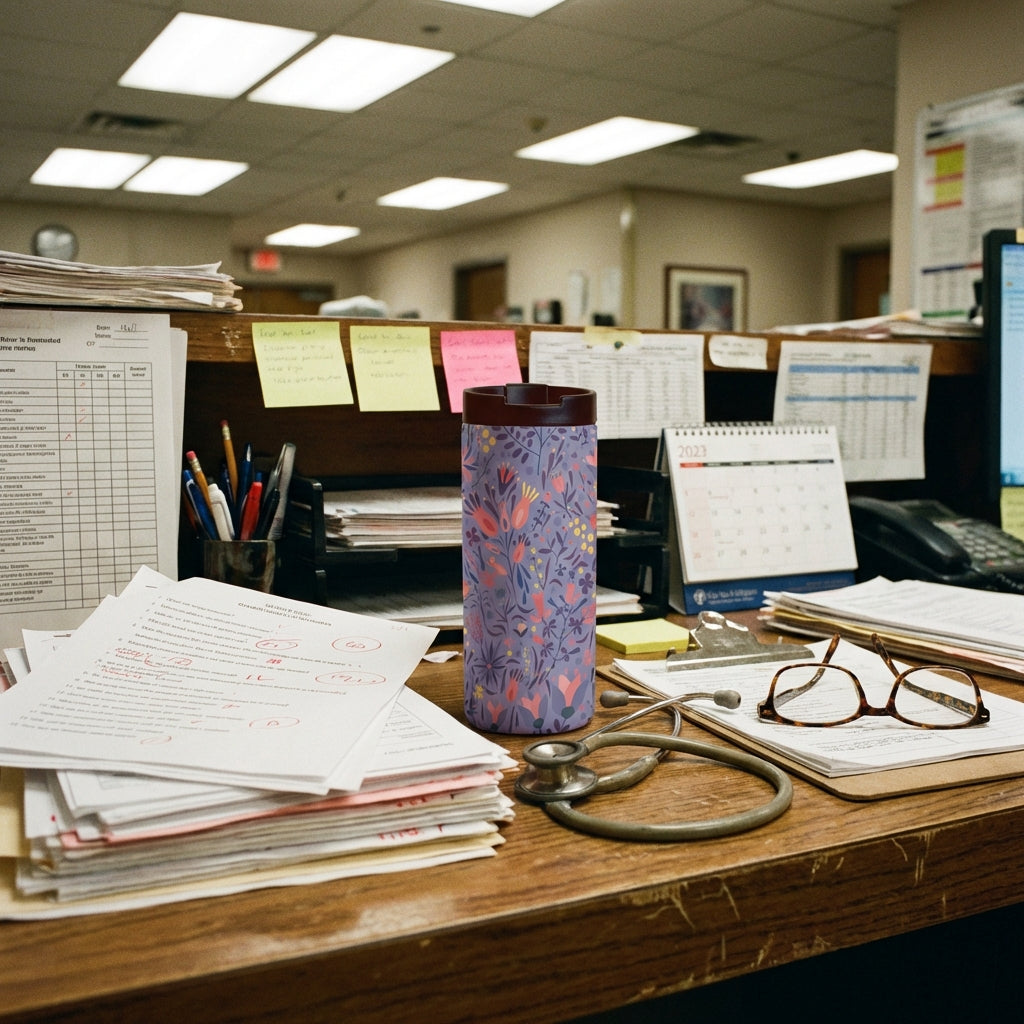 In-Use shot - 12 oz insulated tumbler in light purple with colorful floral and botanical branch pattern and dark brown lid