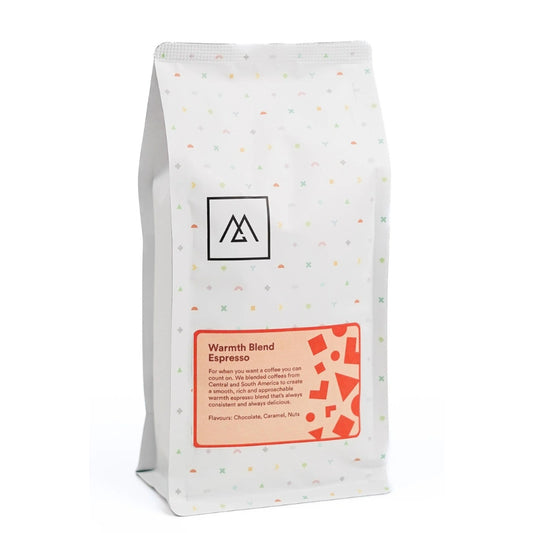 Warmth Espresso Blend by Monogram Coffee. A comforting fusion of chocolate, caramel, and nutty flavors. Crafted from premium beans sourced from Central and South America. Embrace consistency and perfection in every sip.