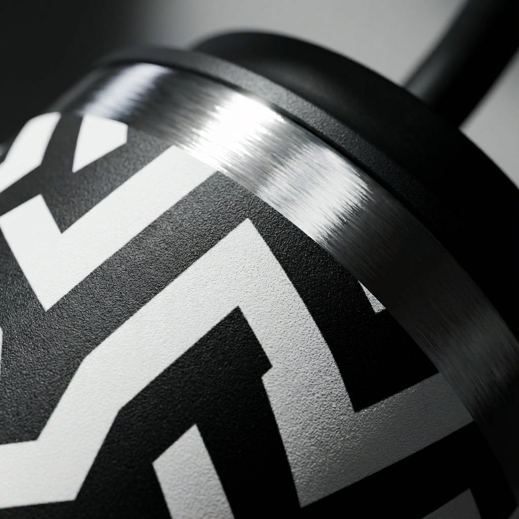 Detail shot - 16 oz Bow tumbler with black and white abstract geometric maze pattern standing on an office desk