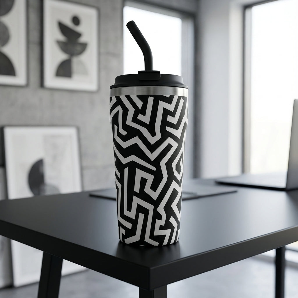  16 oz Bow tumbler with black and white abstract geometric maze pattern standing on an office desk