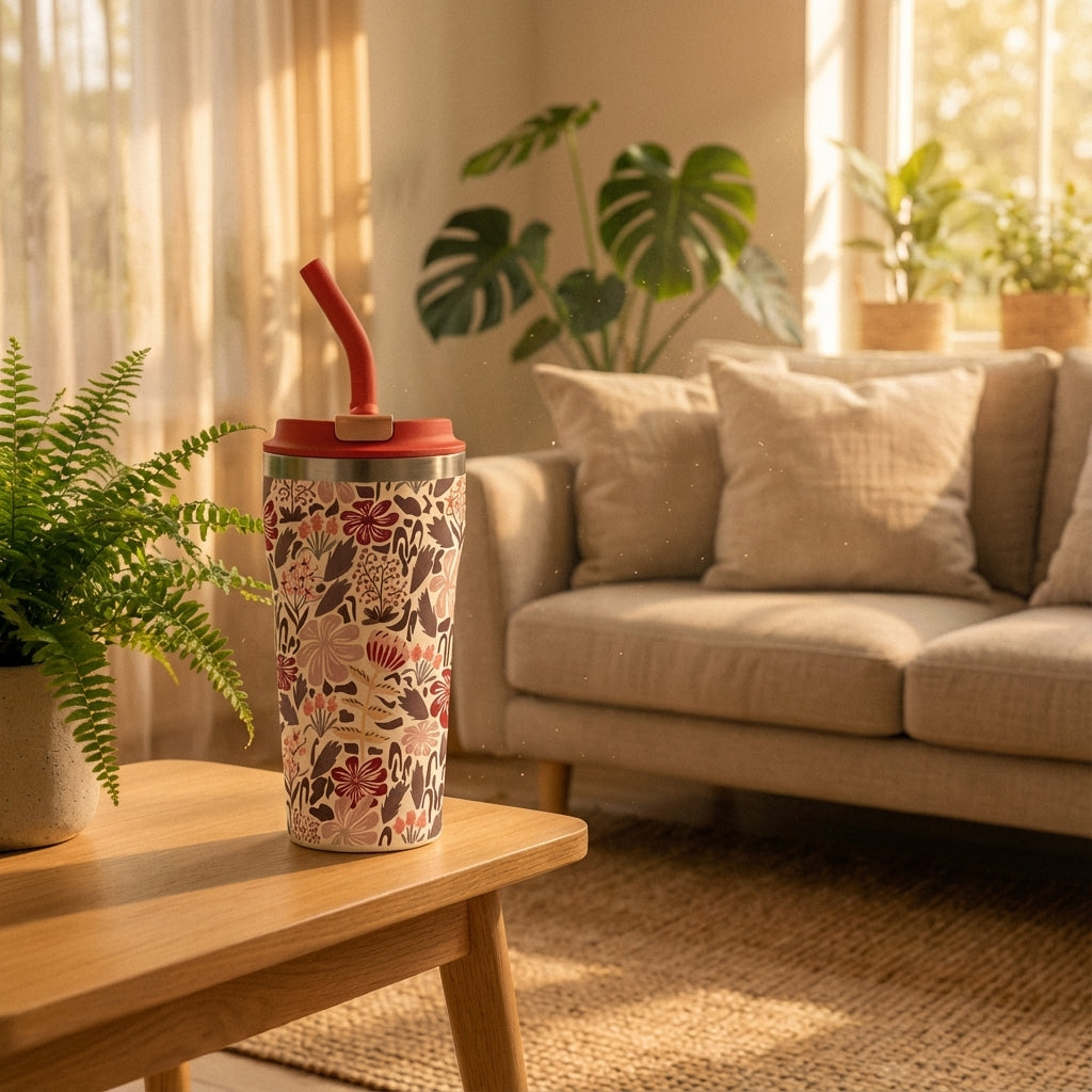 Lifestyle shot - Cream and burgundy floral patterned 16oz insulated tumbler with matching straw sitting on a wooden table in a sunlit living room