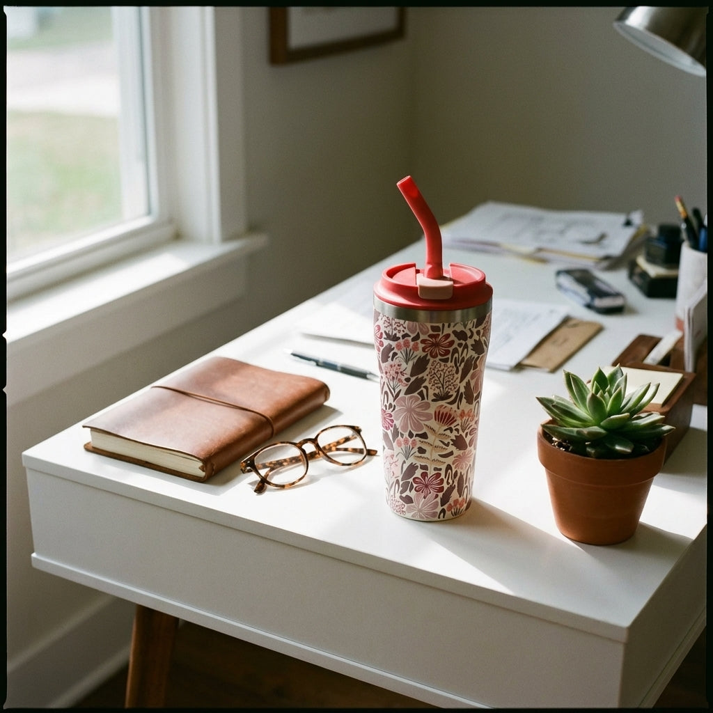 In-Use shot - Cream and burgundy floral patterned 16oz insulated tumbler with matching straw sitting on a wooden table in a sunlit living room