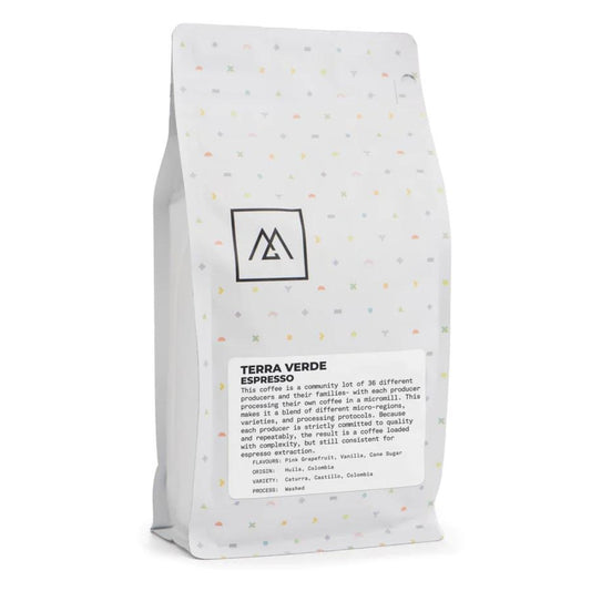 Terra Verde by Monogram Coffee. An exceptional espresso blend from Huila, Colombia, crafted by 36 individual producers. Tastes like pink grapefruit, vanilla, and cane sugar. A celebration of community and craftsmanship.
