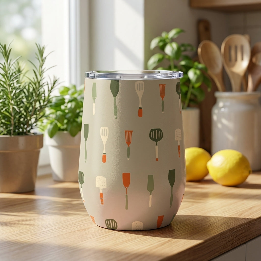Close up of 16oz insulated wine tumbler featuring a pattern of green, orange, and white kitchen spatulas on a neutral background.