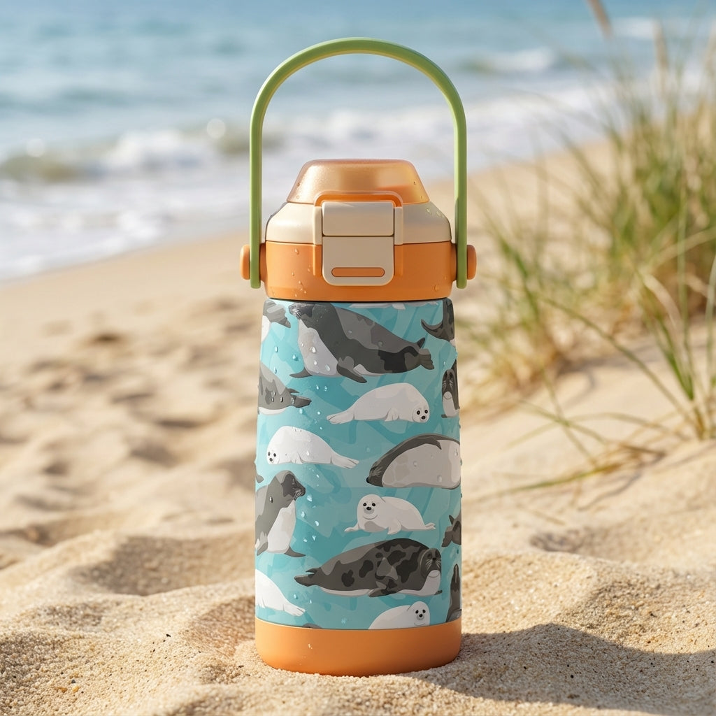 LAMOSE Goose 14oz kids water bottle featuring a light blue body with a pattern of gray and white cartoon seals, orange bottom bumper, and green handle.