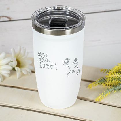 Personalized  mugs and tumblers engraved with children's artwork, names, and special messages, perfect for parents seeking unique keepsakes.