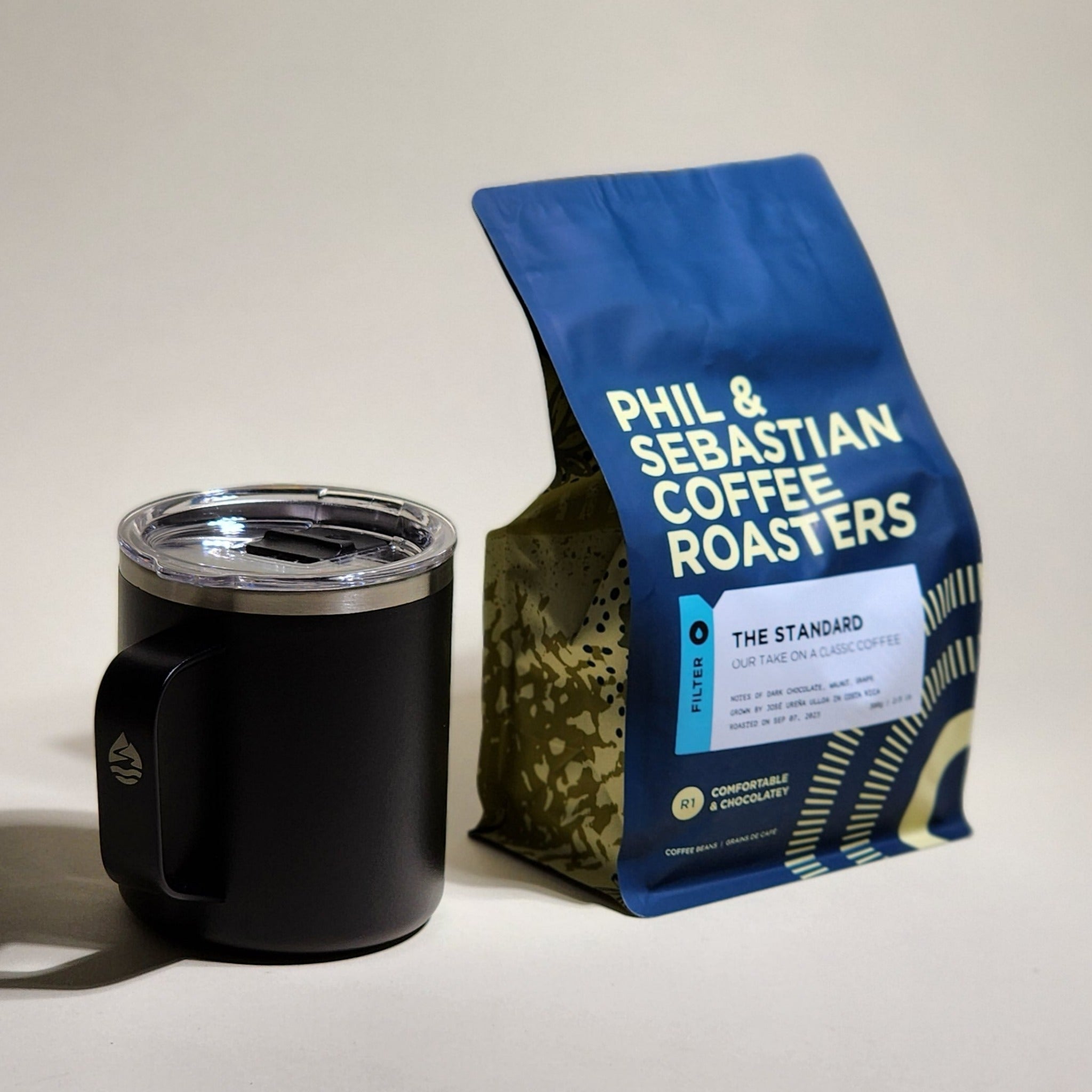 Phil & Sebastian Coffee Roasters' Standard Filter. Consistent flavor profile with sweet, chocolatey, and nutty notes. Sourced from individual farms and co-ops. Brew with parameters optimized for exceptional filter brewing.