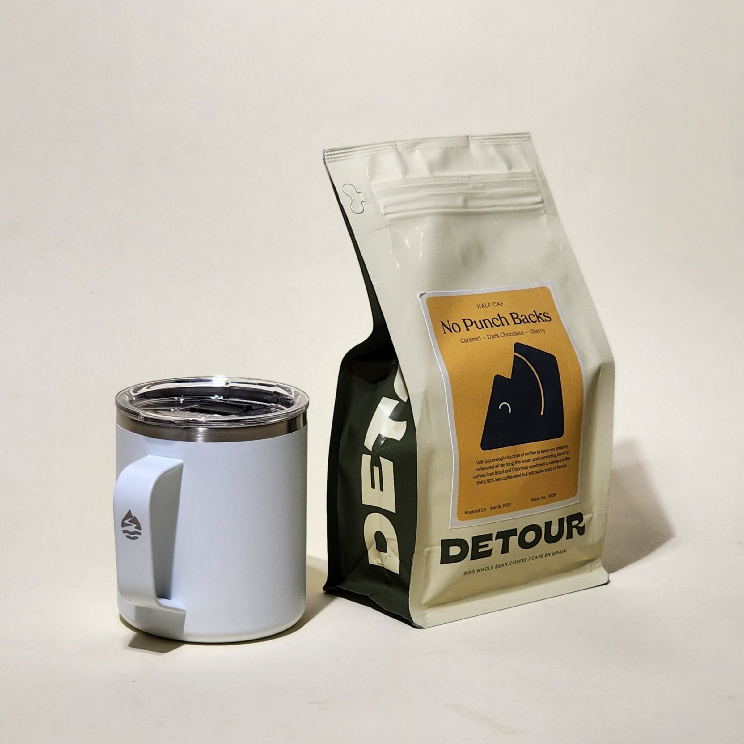 Detour Coffee Roaster No Punch Backs Half Caf - Caramel, Dark Chocolate, Cherry Tasting Profile - Filter Balanced Coffee Style - Brazil + Colombia Origin - Learn More on Our Website
