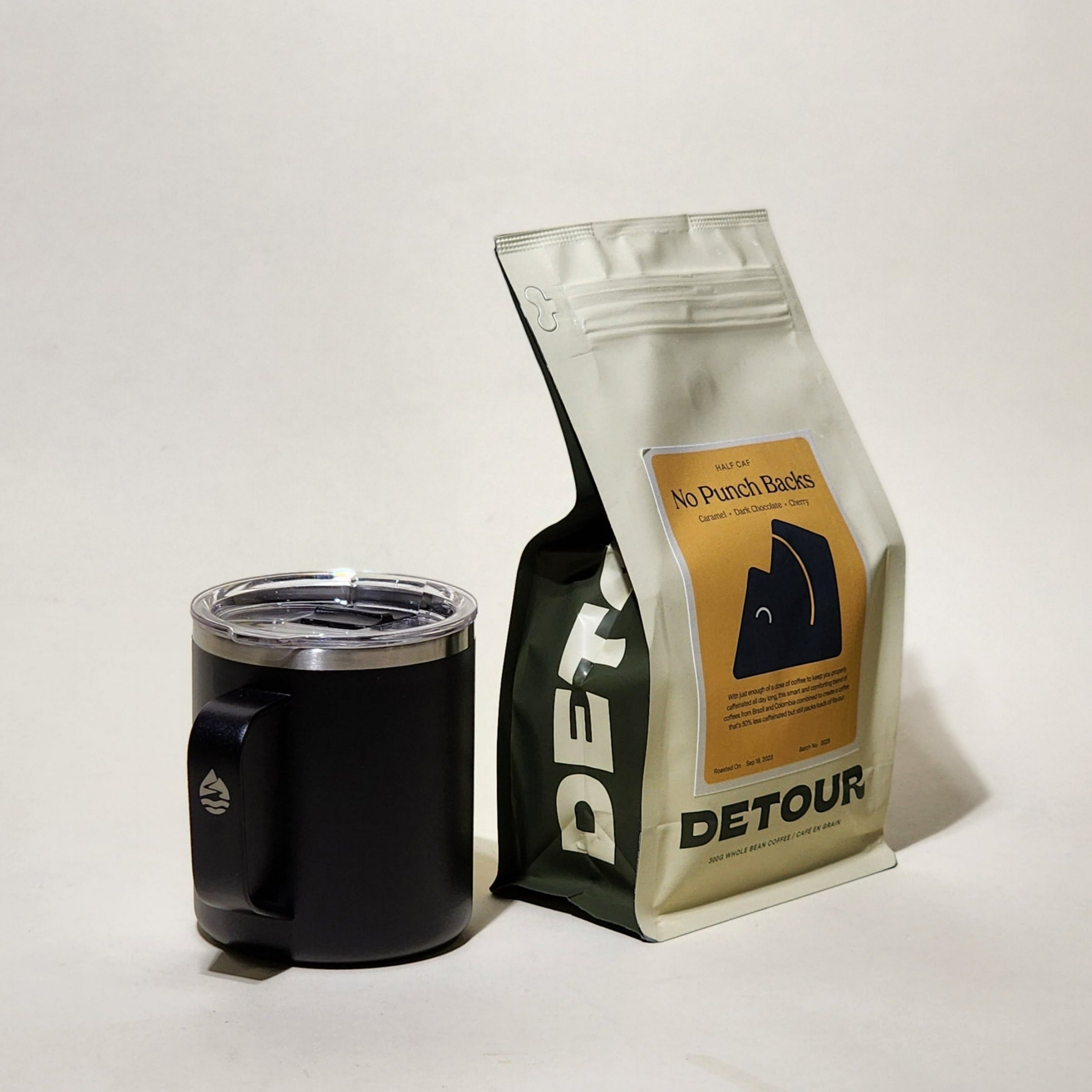 Detour Coffee Roaster No Punch Backs Half Caf - Caramel, Dark Chocolate, Cherry Tasting Profile - Filter Balanced Coffee Style - Brazil + Colombia Origin - Learn More on Our Website