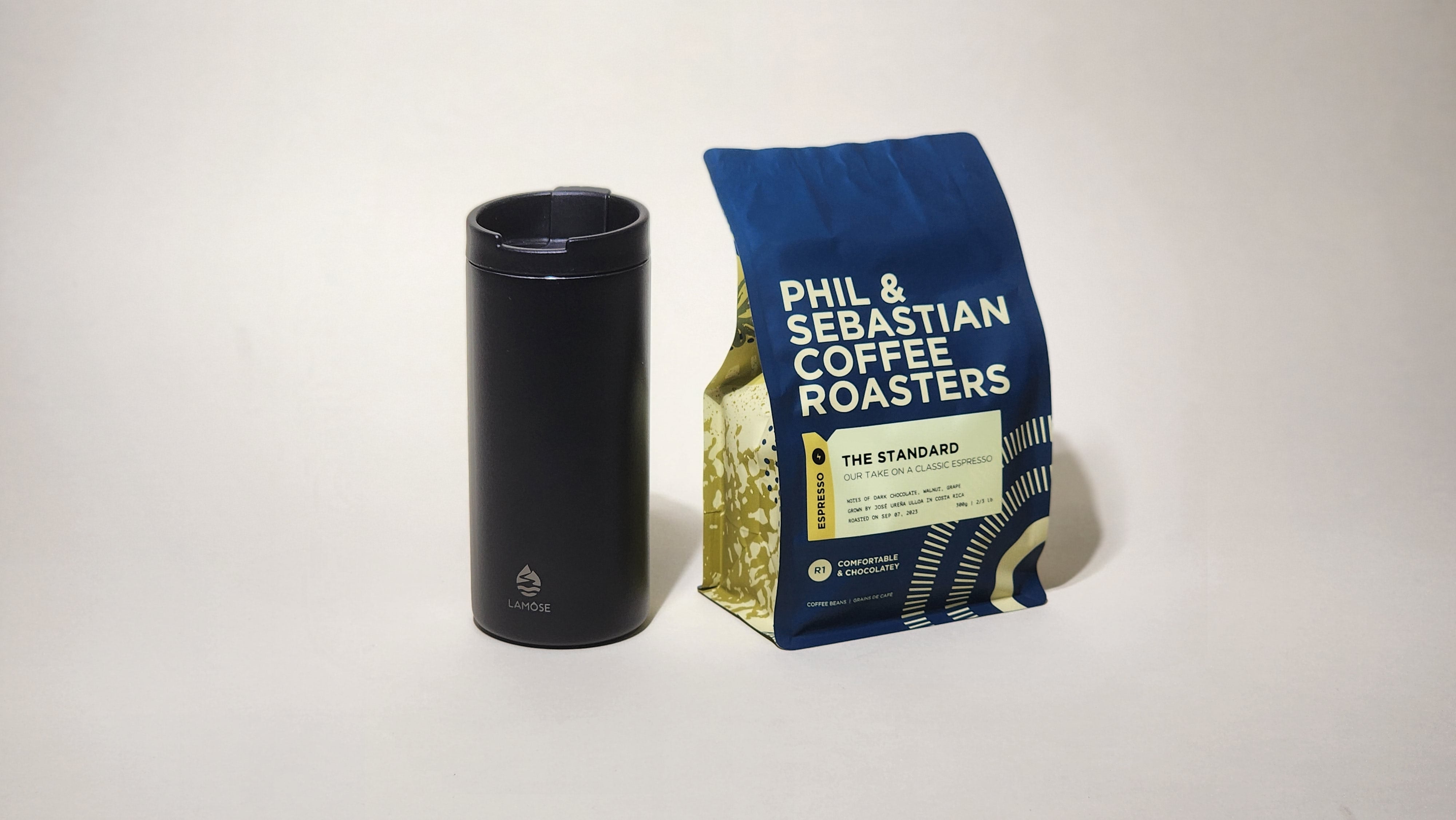 Phil & Sebastian Coffee Roasters' Standard Espresso. Consistent flavor profile with sweet, chocolatey, and nutty notes. Sourced from individual farms and co-ops. Brew with parameters optimized for espresso excellence.