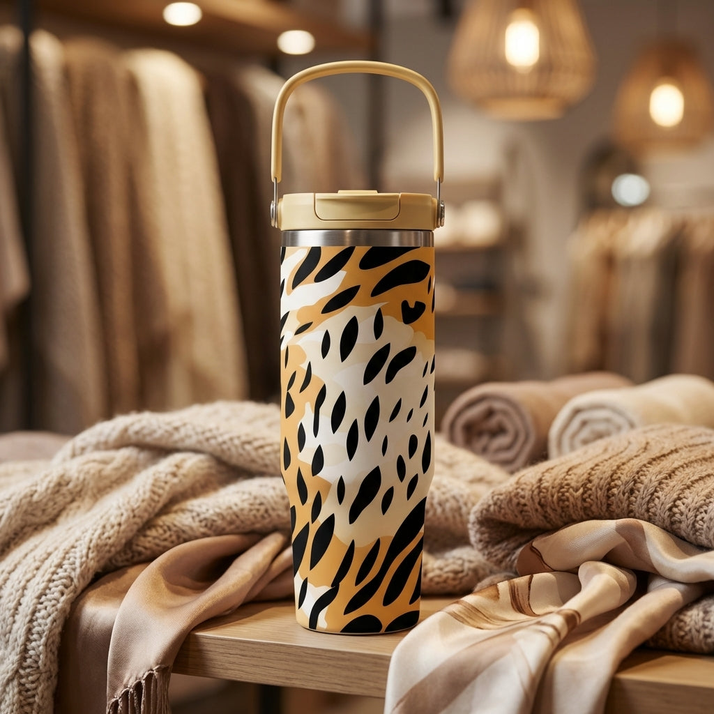 LAMOSE Cascade 40 oz stainless steel tumbler featuring abstract golden yellow and black animal print pattern sitting on a wooden surface with cozy knit blankets