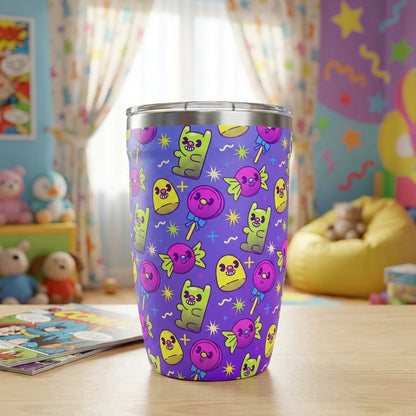 LAMOSE Peyto 12oz insulated mug featuring a vibrant purple background with cartoon monsters, lime green accents, and pink and blue lollipops.
