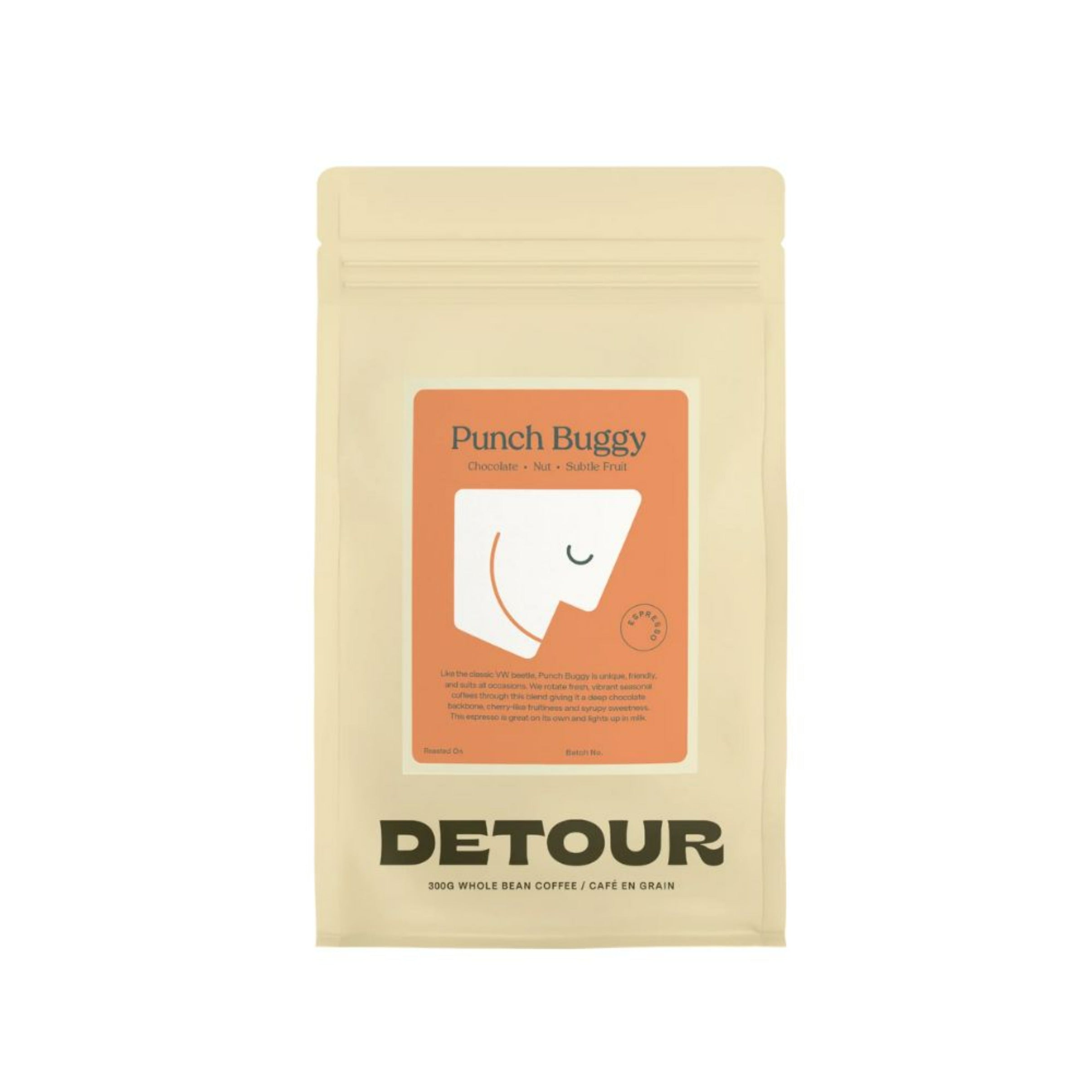 Detour Coffee Roaster Punch Buggy Espresso - Chocolate, Hazelnut, Cherry Tasting Profile - Espresso Balanced Coffee Style - Brazil + Central American Origin - Learn More on Our Website