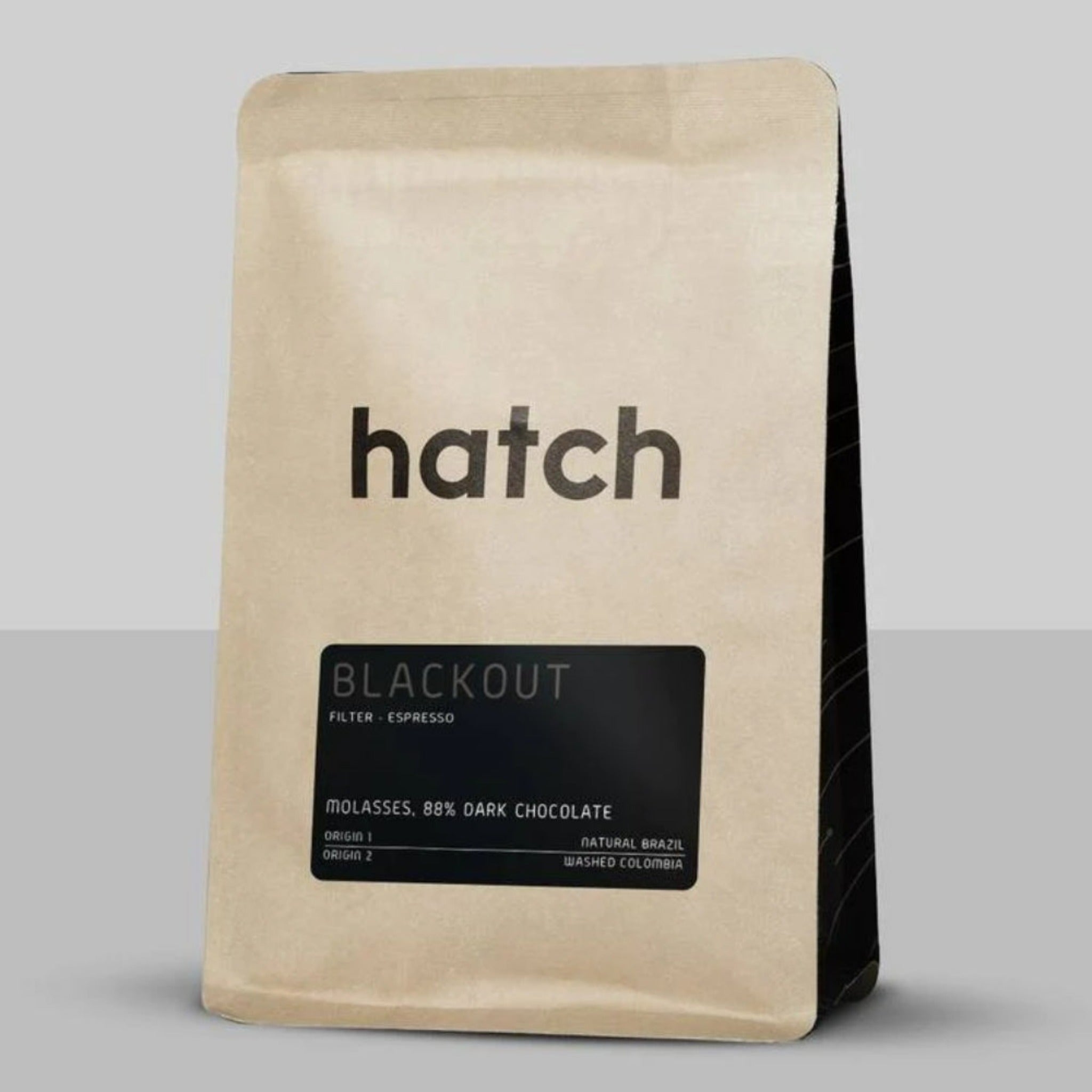 Hatch Coffee - Blackout: A bold blend for comforting days, offering classic flavors with a hint of something new. Crafted from Brazilian and Colombian beans, featuring tasting notes of molasses and 88% dark chocolate. Ideal for bold espresso and filter brewing. Explore our core coffee offerings: Supernova, Starlight, Gamma, and Blackout blends.