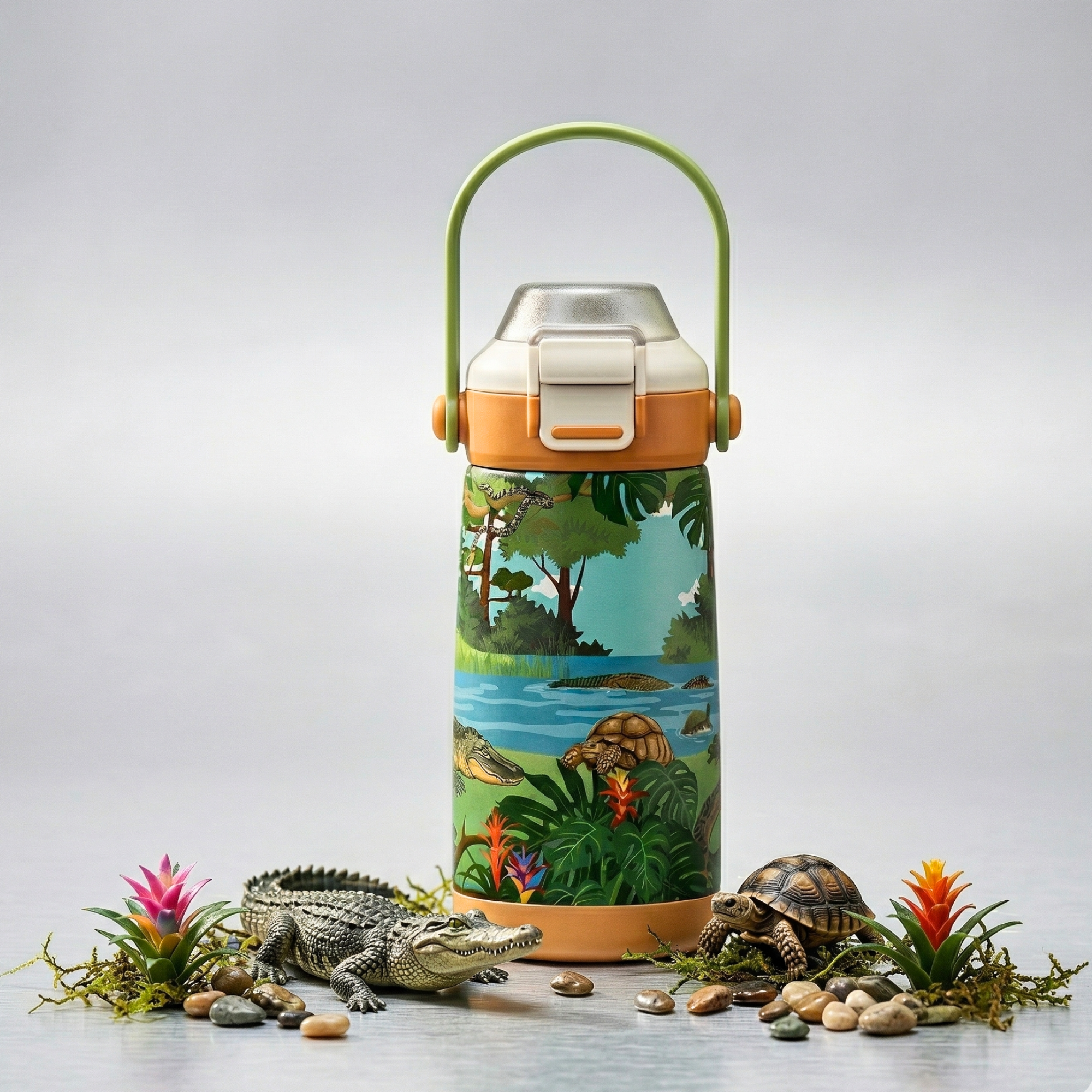 Goose 14 oz insulated kids water bottle with colorful zoo animal theme print, perfect for school and outdoor activities