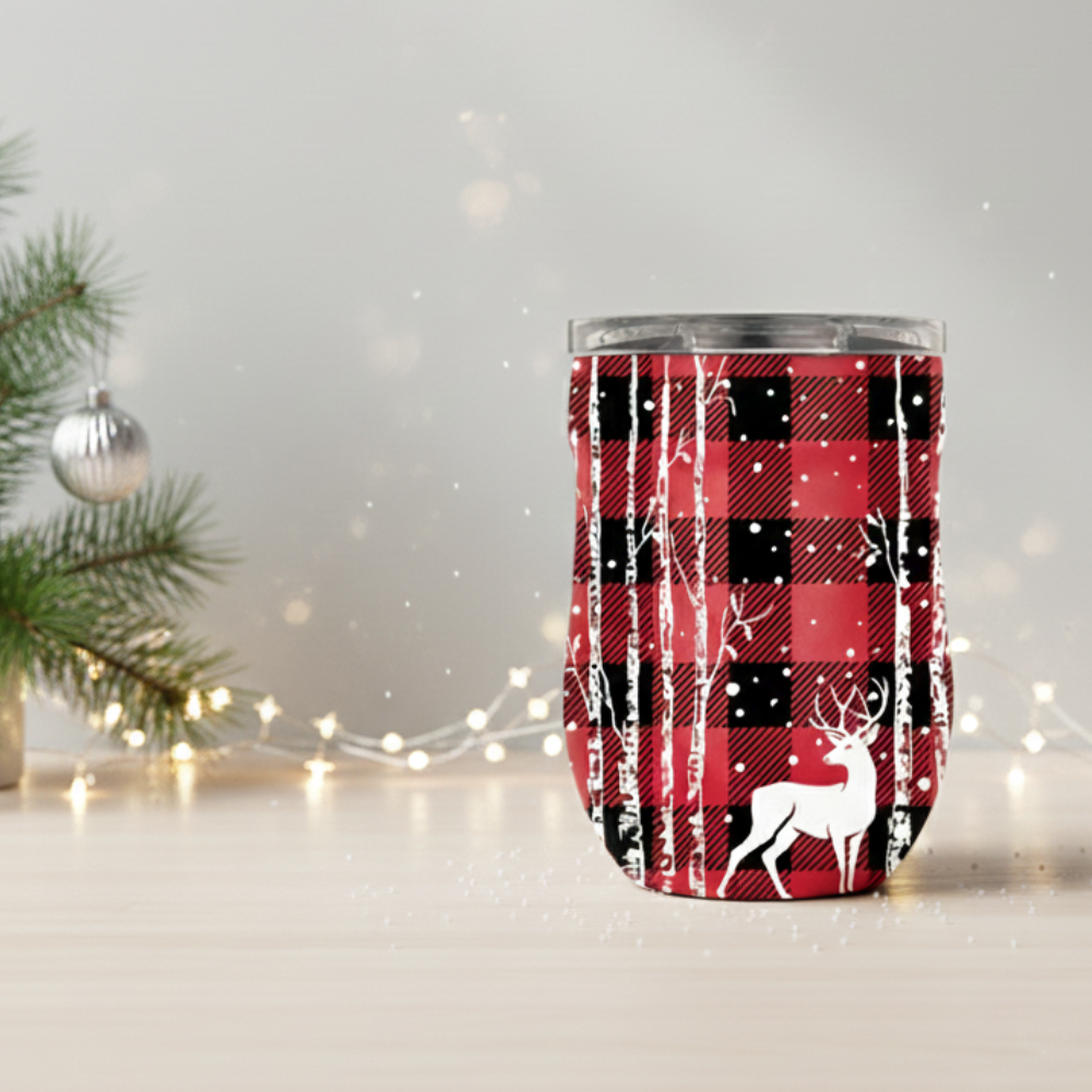 Whistler 16 oz - Rustic Plaid & Birch Deer Insulated Wine Tumbler